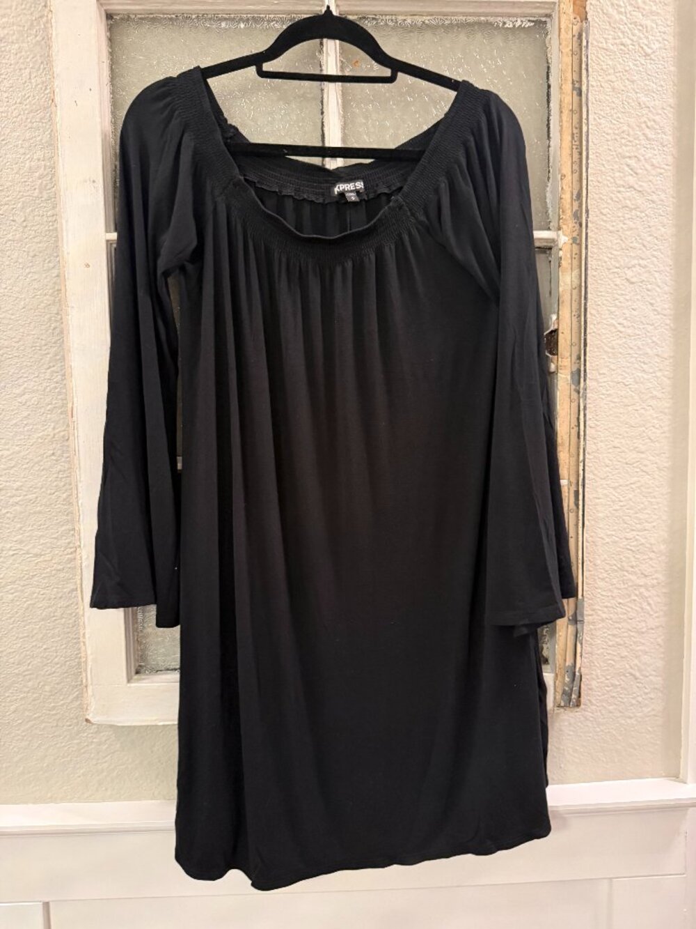 Black Off-The-Shoulder Bell Sleeve Mini Dress Medium